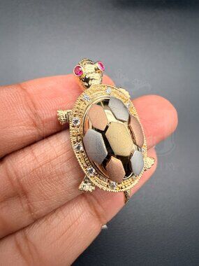 14K Tri Color Gold Cubic zirconia Turtle Pendant